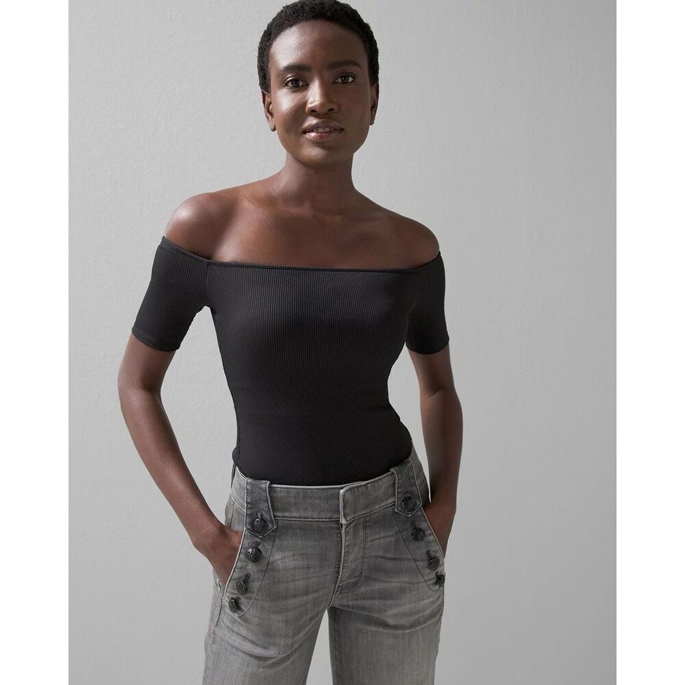 WHBM FORME Off-The-Shoulder Rib Top SZ S Black Sleek Removable Pads Classy
